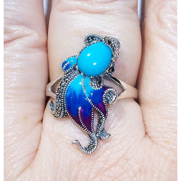 925 STERLING SILVER Simulated Turquoise Fish Ghost Marcasite Ring - Picture 11 of 16